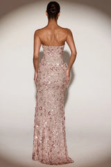 Embellished Bandeau-Neck Strapless Gown in Rose Gold