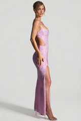 Embellished Cut-Out Fishtail Maxi Dress in Peony Pink