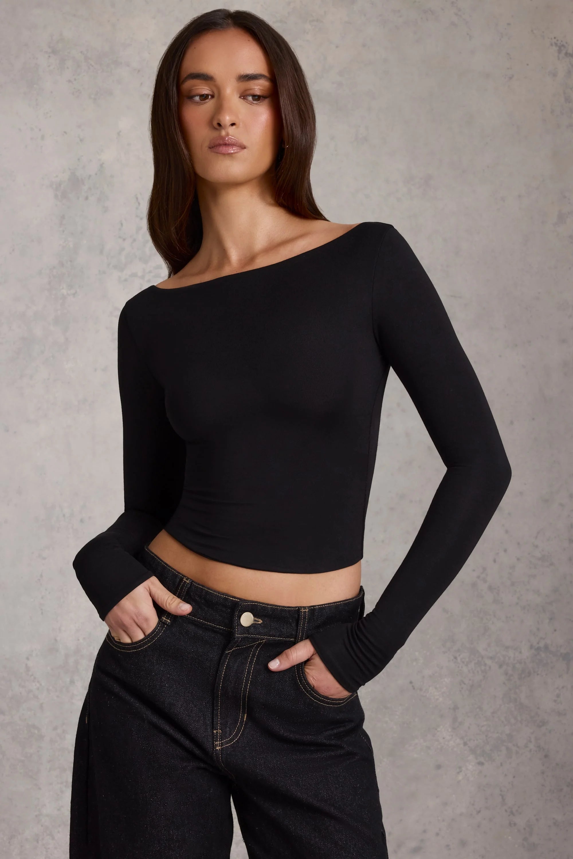 Modal Boat-Neck Long-Sleeve Top in Black
