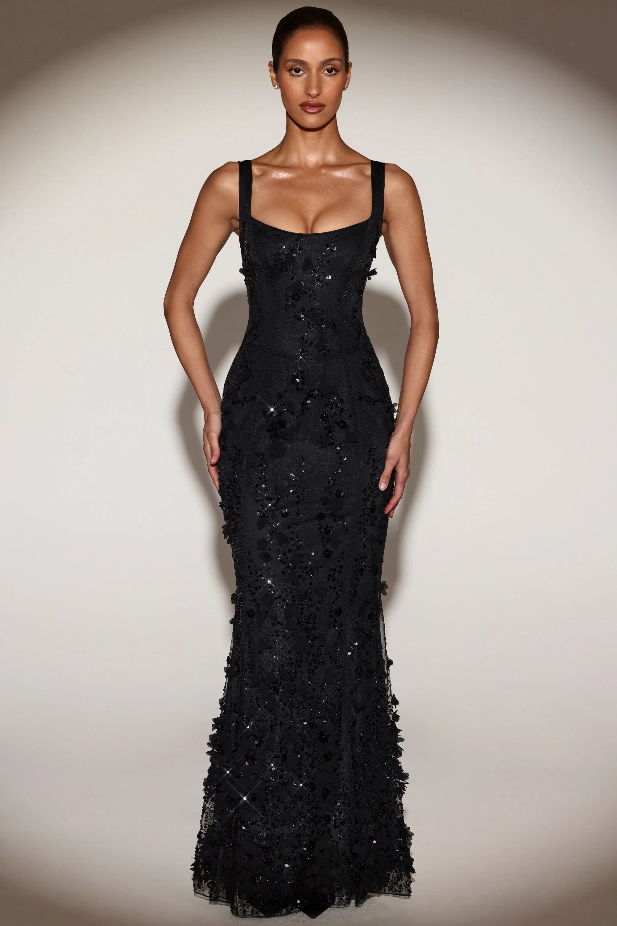 Embellished Appliqué Soft-Scoop Corset Gown in Black