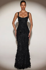 Embellished Appliqué Soft-Scoop Corset Gown in Black