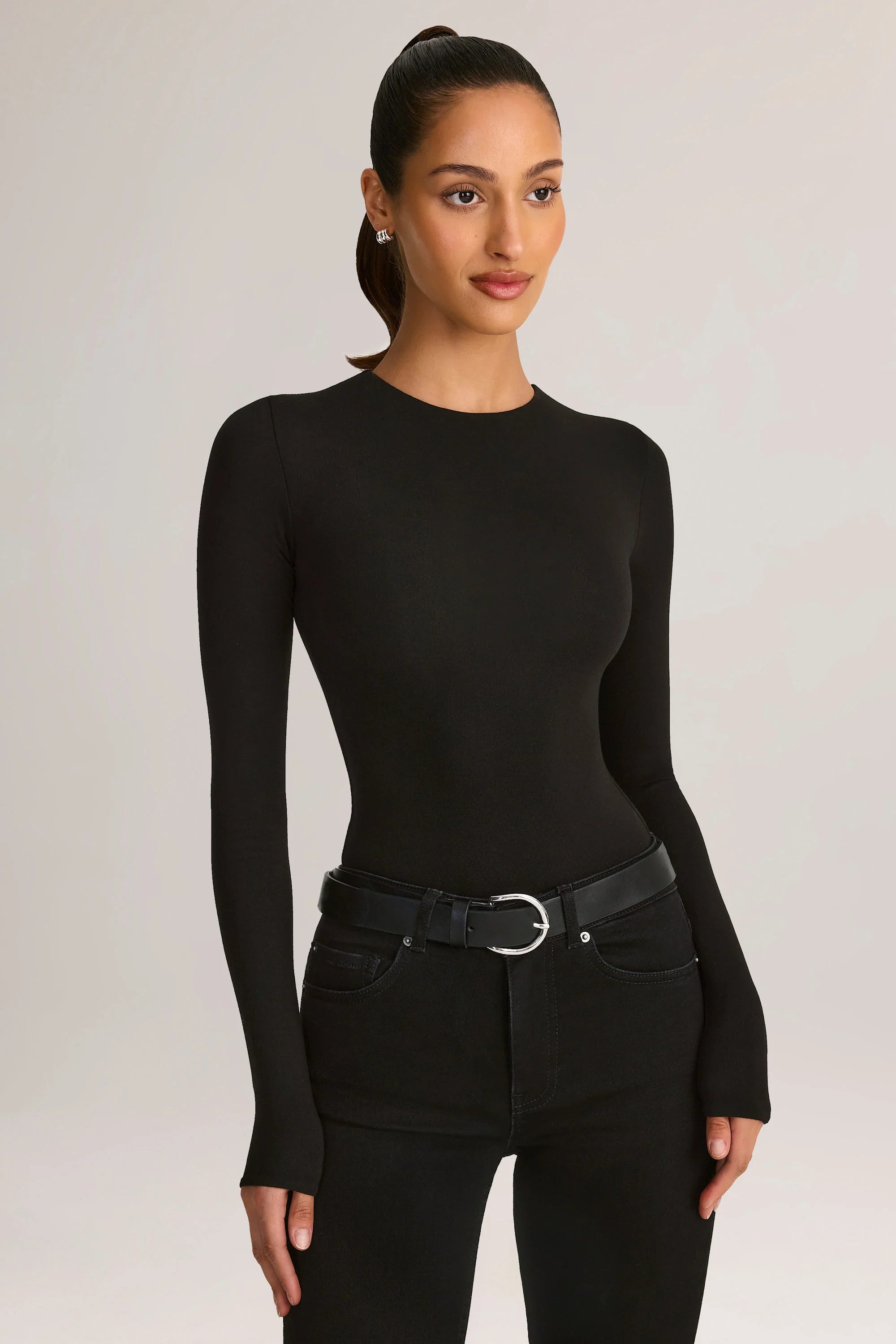 Modal Round-Neck Long-Sleeve Bodysuit in Black