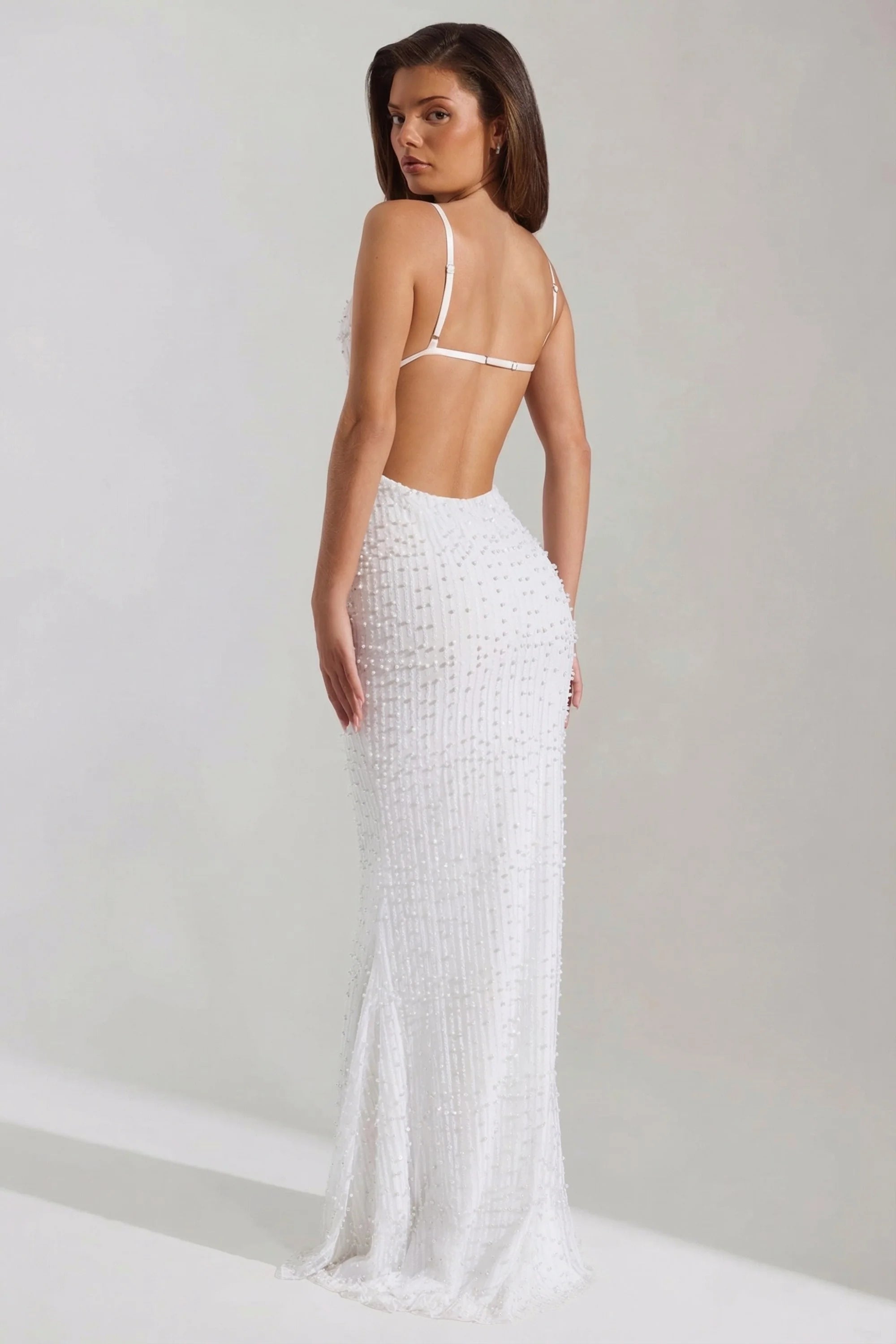 Embellished Cowl-Neck Backless Maxi Dress in White