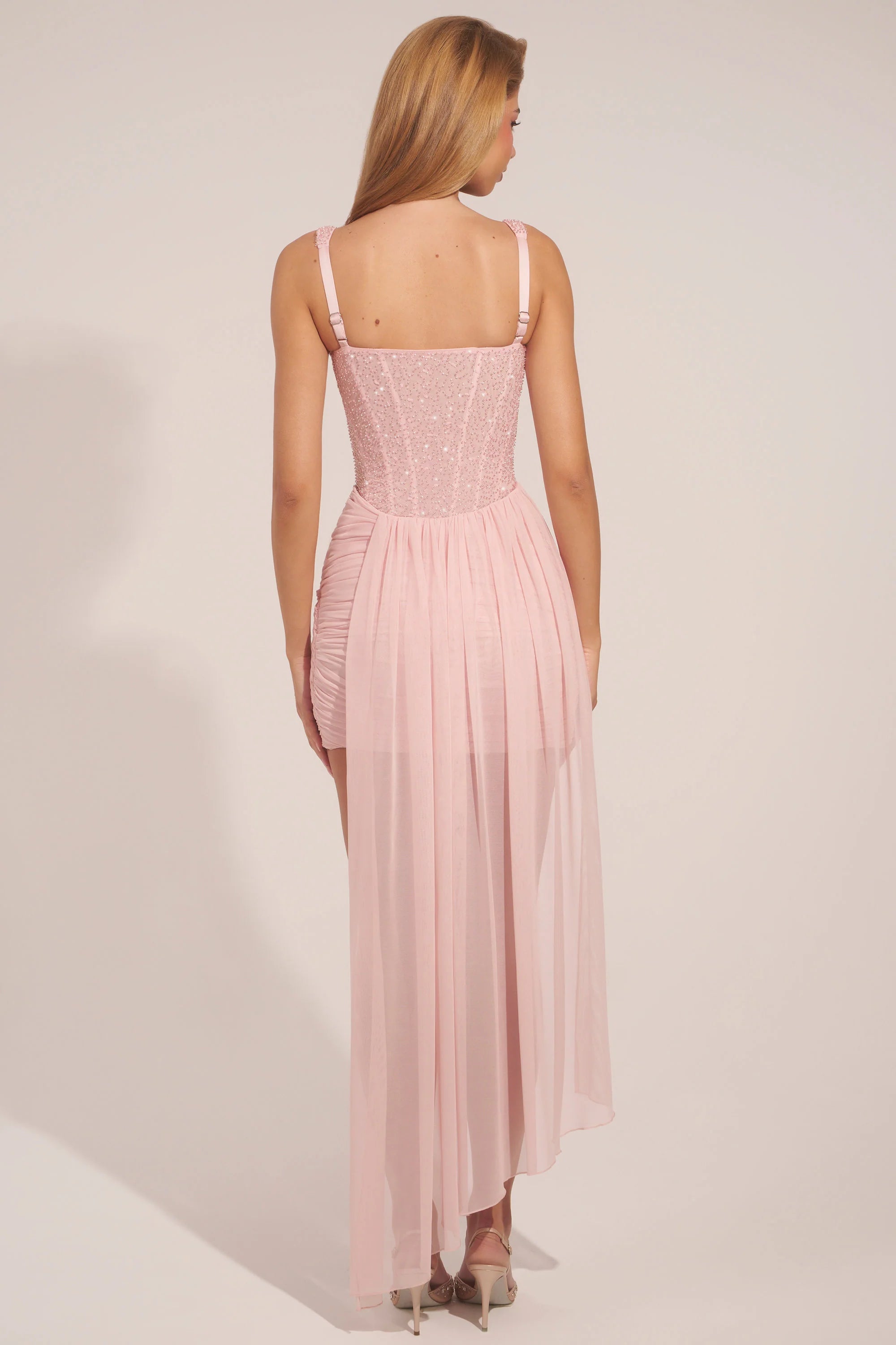 Corseted Draped Mini Dress in Blush Pink