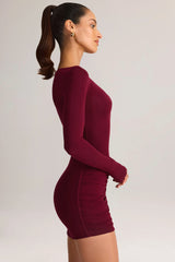 Modal Boat-Neck Draped Long-Sleeve Mini Dress in Wine