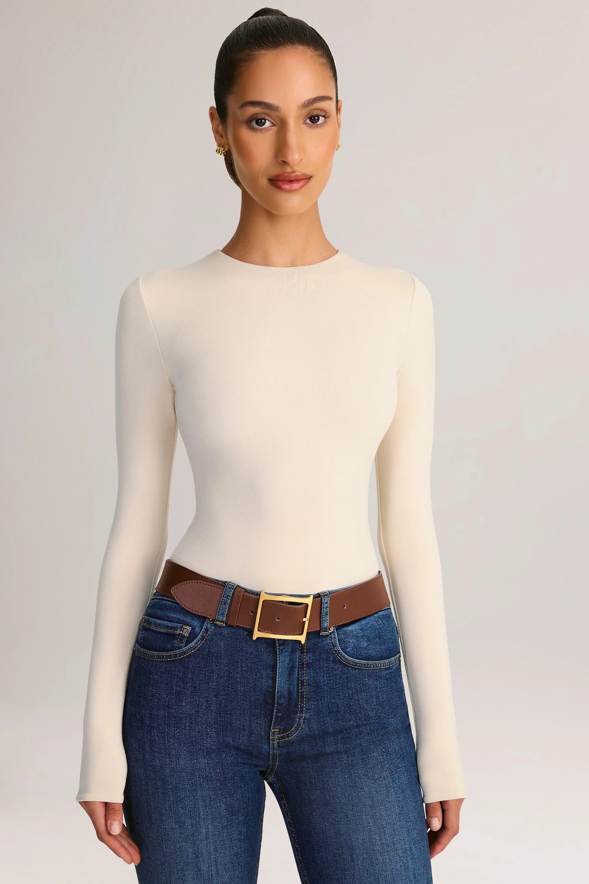 Modal Round-Neck Long-Sleeve Bodysuit in Cream