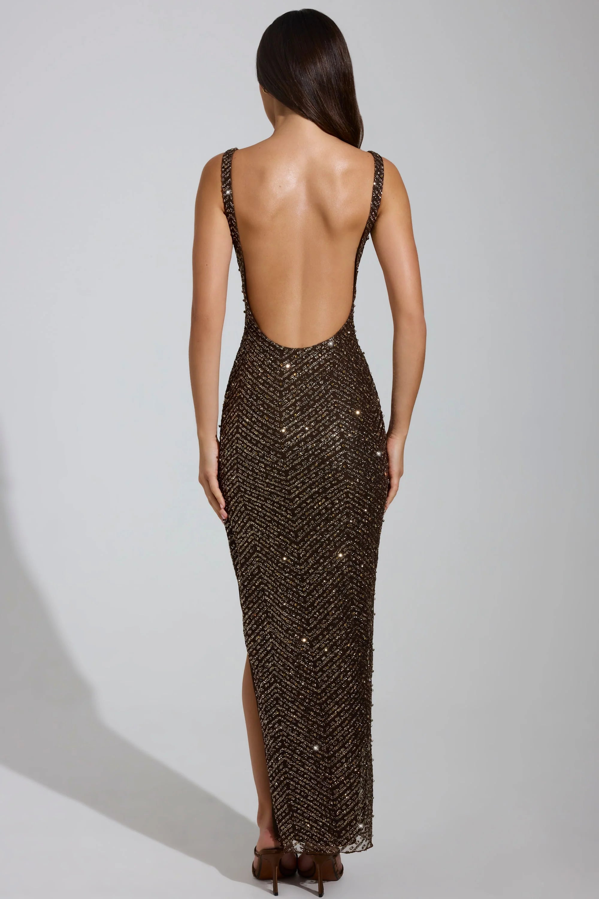 Embellished Scoop-Neck Thigh-Split Maxi Dress in Brown