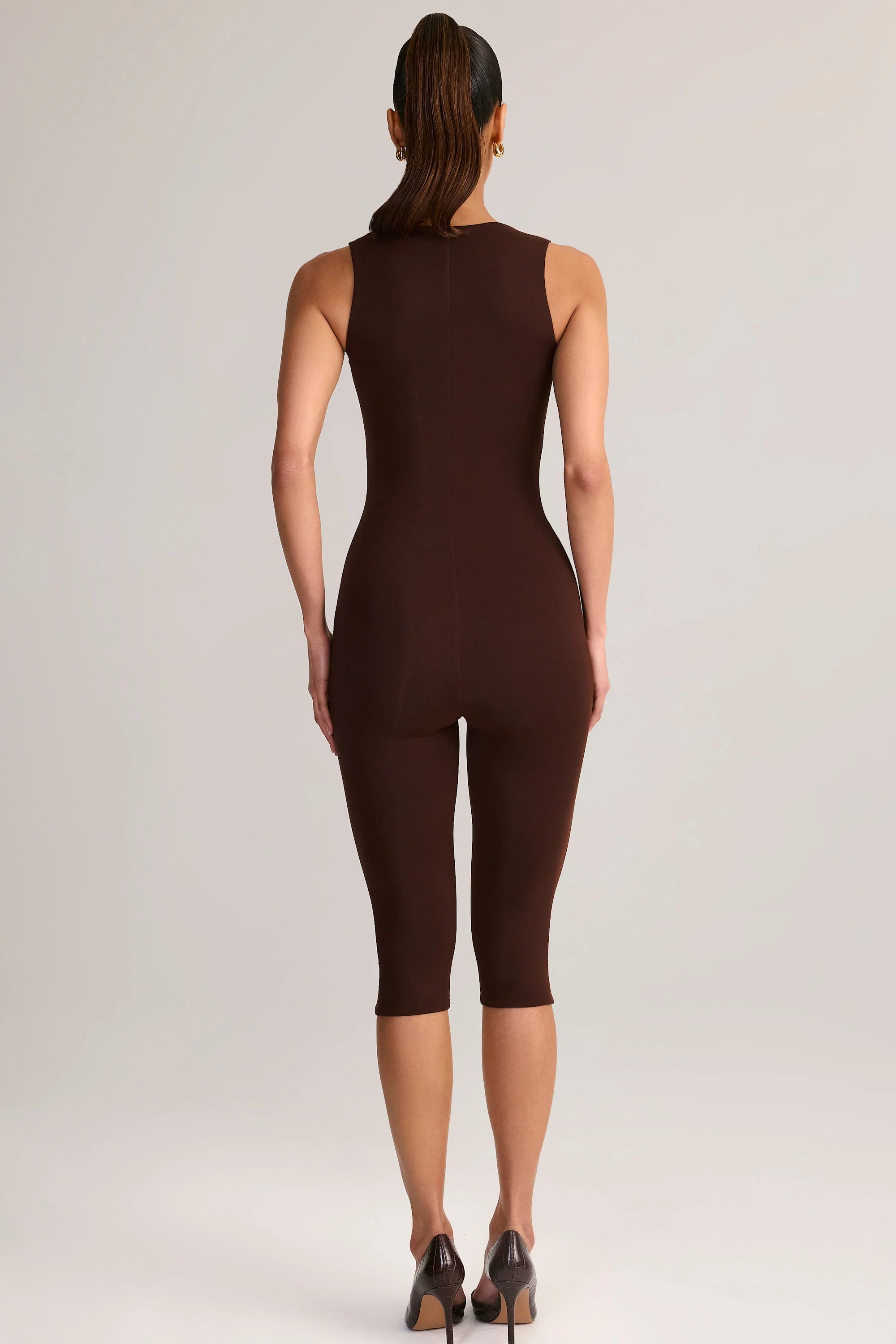 Modal Square-Neck Bodycon Capri Jumpsuit in Chocolate Brown