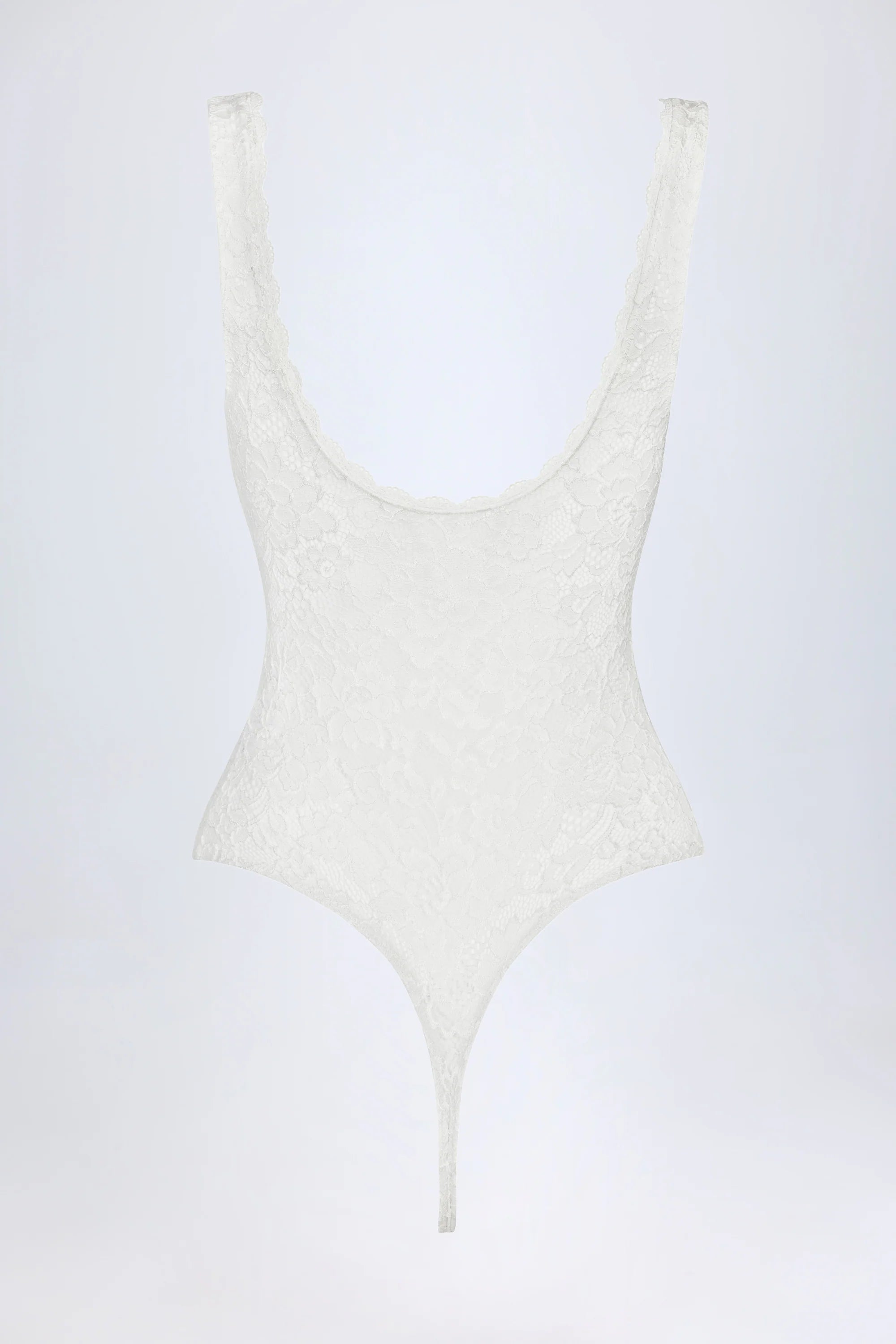 Sheer Lace Scalloped Plunge-Neck Bodysuit in White