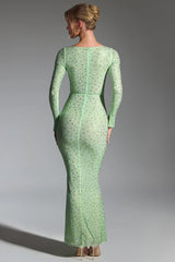 Embellished Long-Sleeve Fishtail Maxi Dress in Pistachio