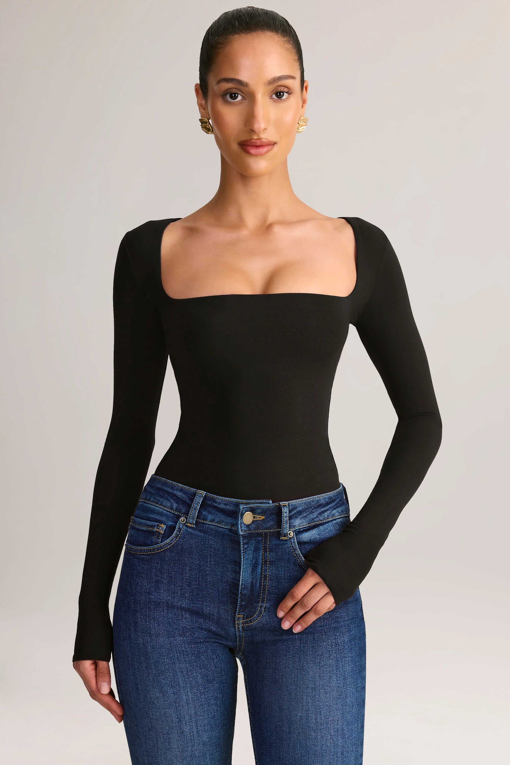 Modal Square-Neck Long-Sleeve Top in Black