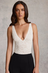 Sheer Lace Scalloped Plunge-Neck Bodysuit in White
