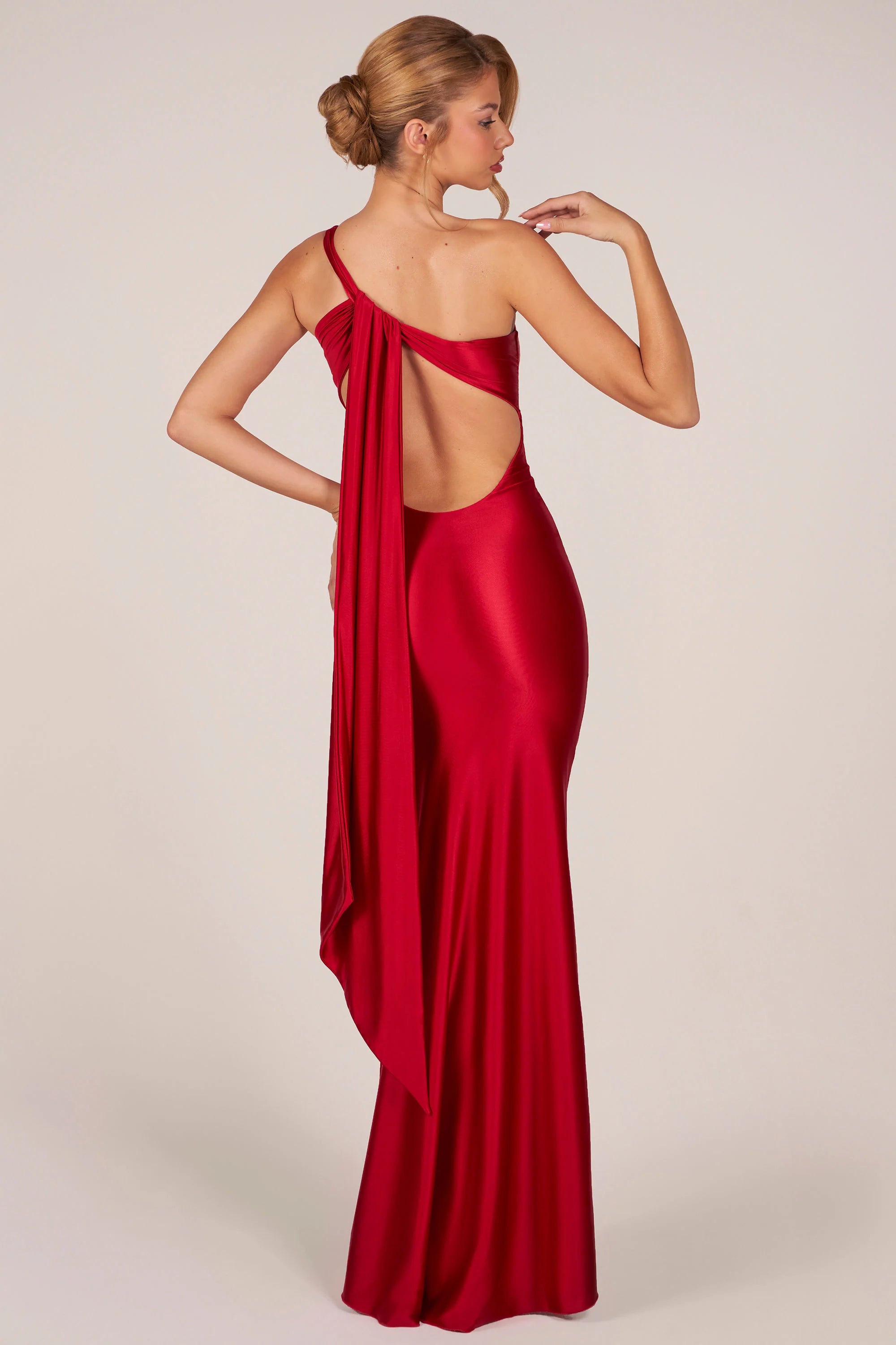 Asymmetric Tie-Back Gown in Rose Red