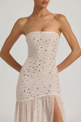 Semi-Sheer Embellished Asymmetric Maxi Dress in White