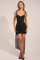 Corseted Draped Mini Dress in Black