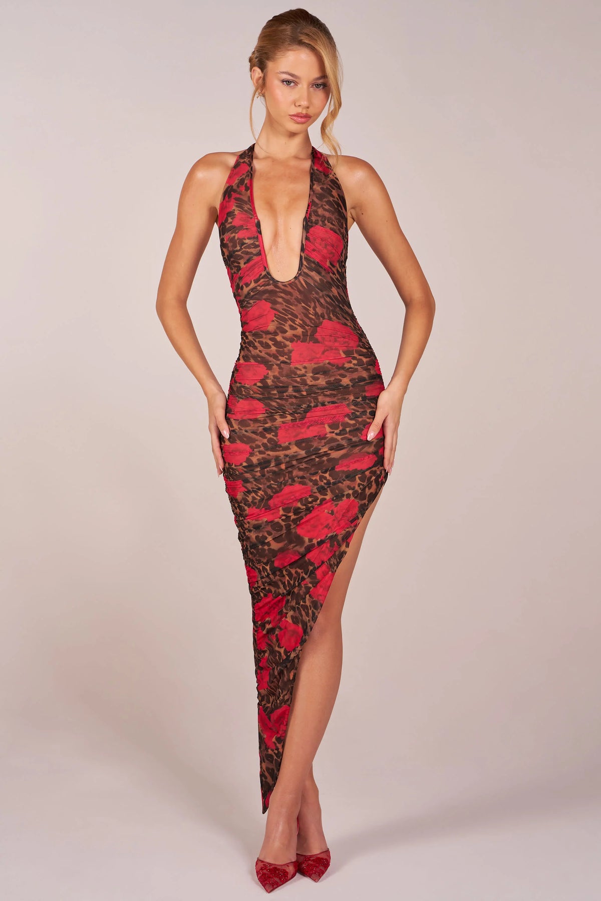 Halterneck Split Hem Midaxi Dress in Rose Leopard Print