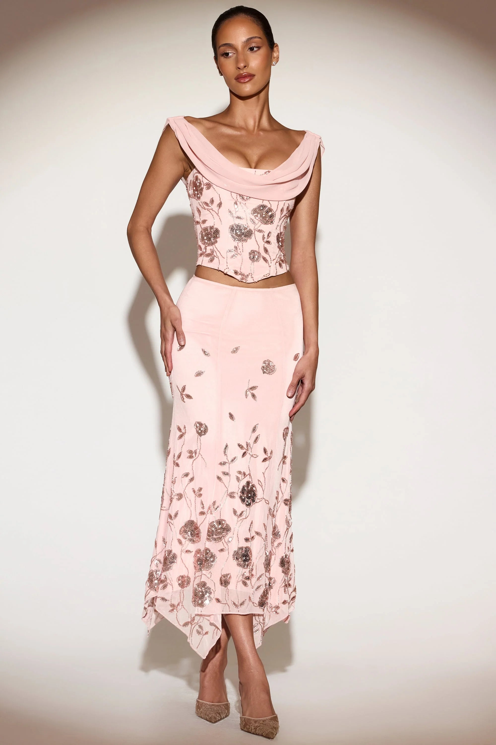 Embellished Mid-Rise Hanky-Hem Midaxi Skirt in Pink