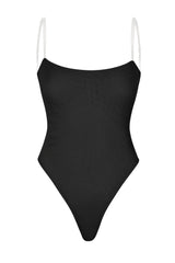 Soft Mesh Clear Strap Bodysuit in Black