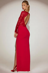 Lace Scalloped Plunge-Neck Maxi Dress in True Red