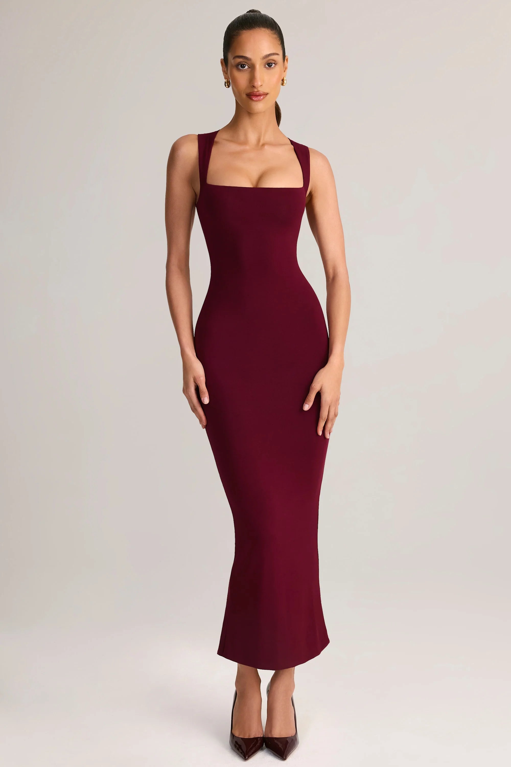 Modal Square-Neck Bodycon Midi Dress in Wine