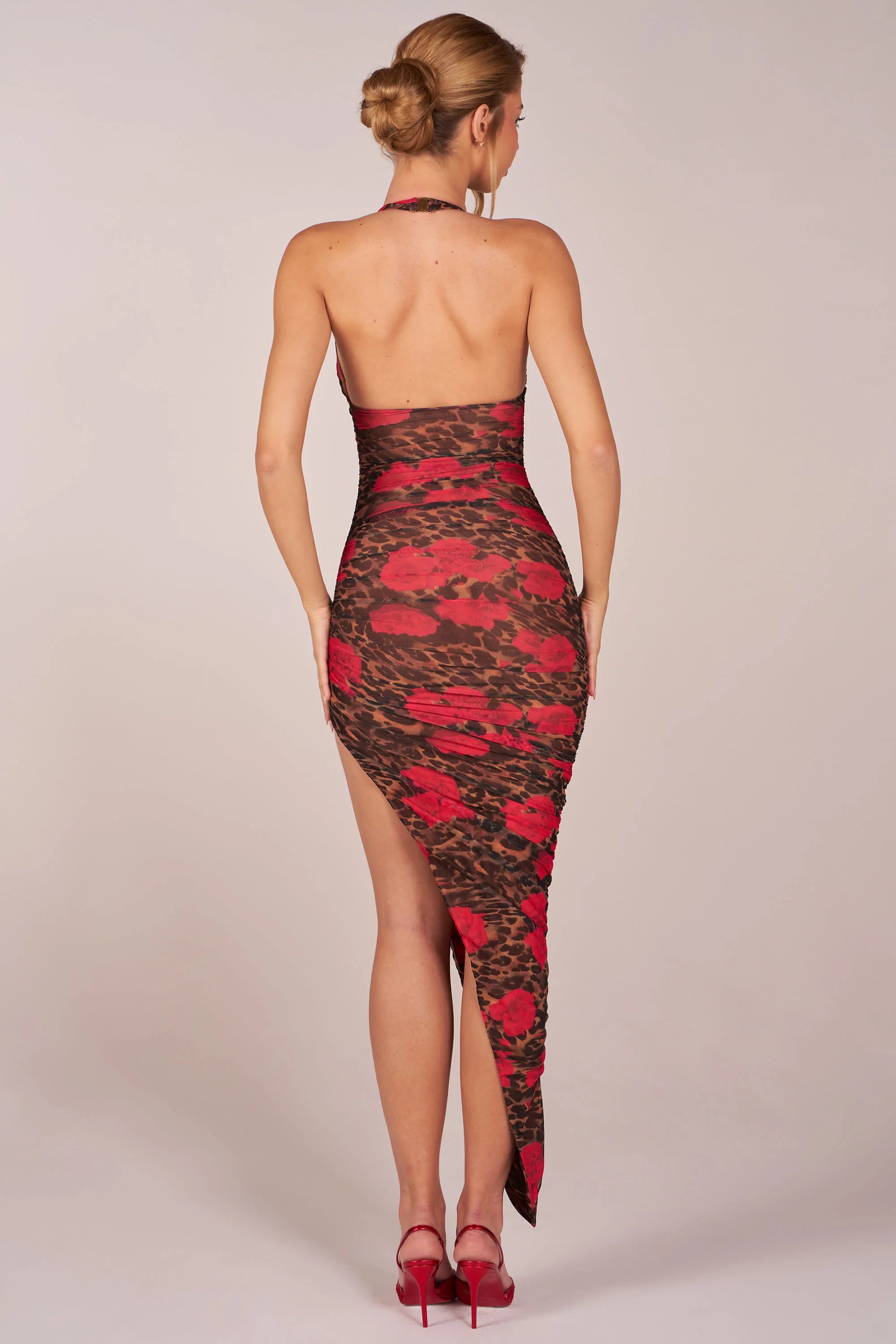 Halterneck Split Hem Midaxi Dress in Rose Leopard Print