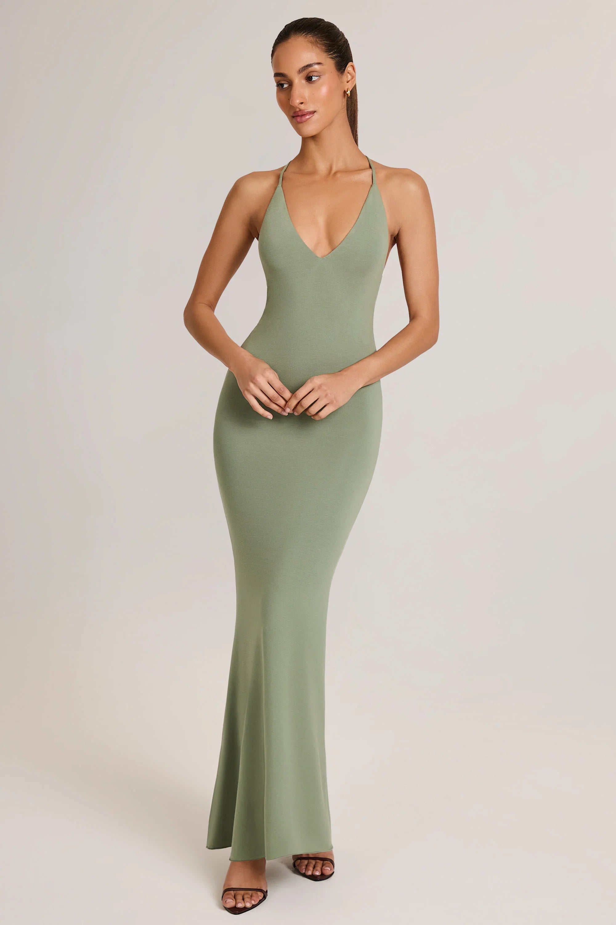 Modal Plunge Backless Maxi Dress in Sage Green