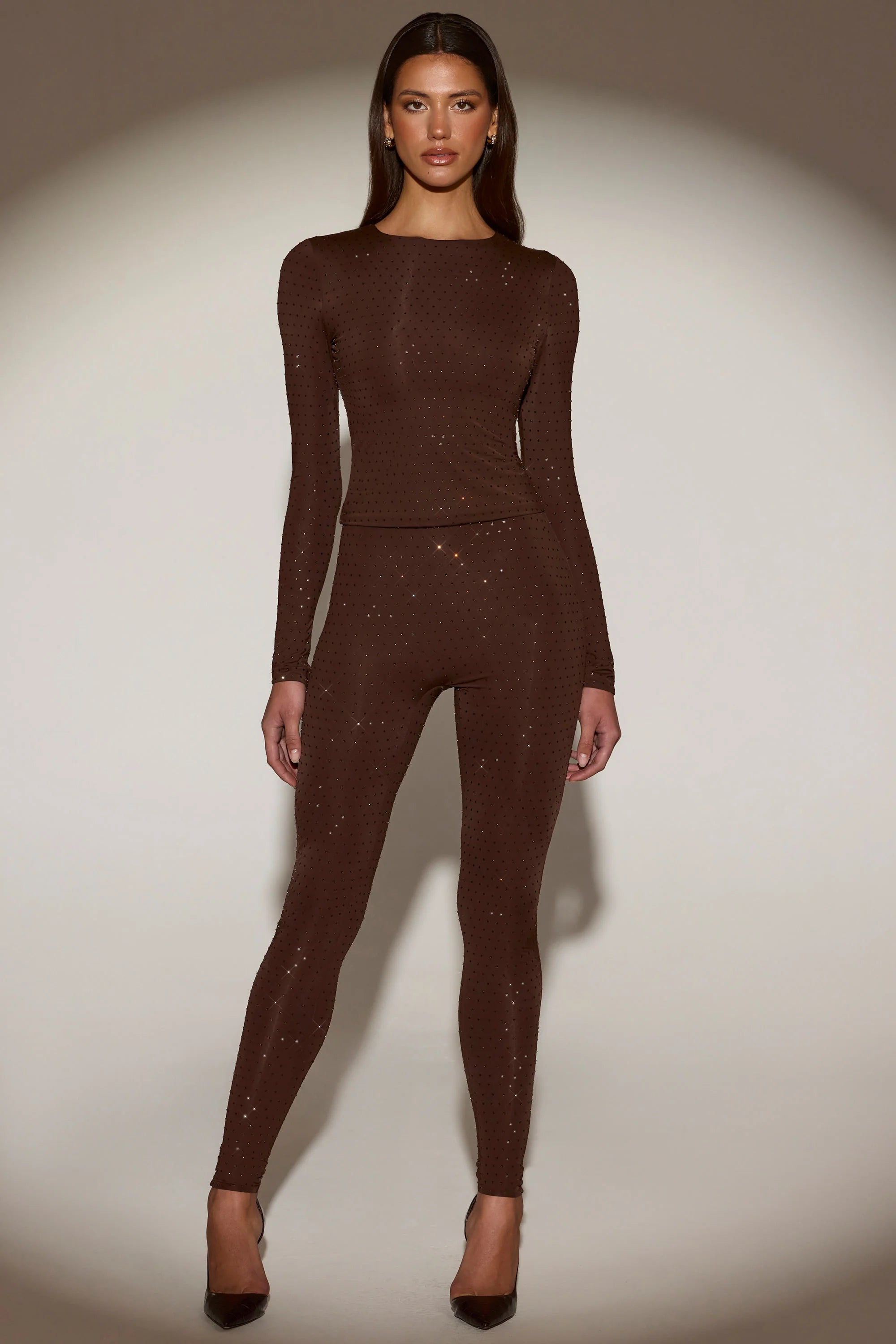 Embellished Jersey High-Waisted Leggings in Chocolate Brown