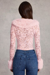 Sheer Lace Faux-Fur-Trim Cardigan in Pink