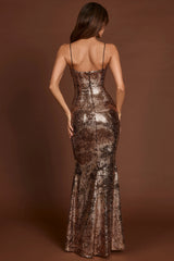 Embellished Straight-Neck Maxi Dress in Black Gold Foil