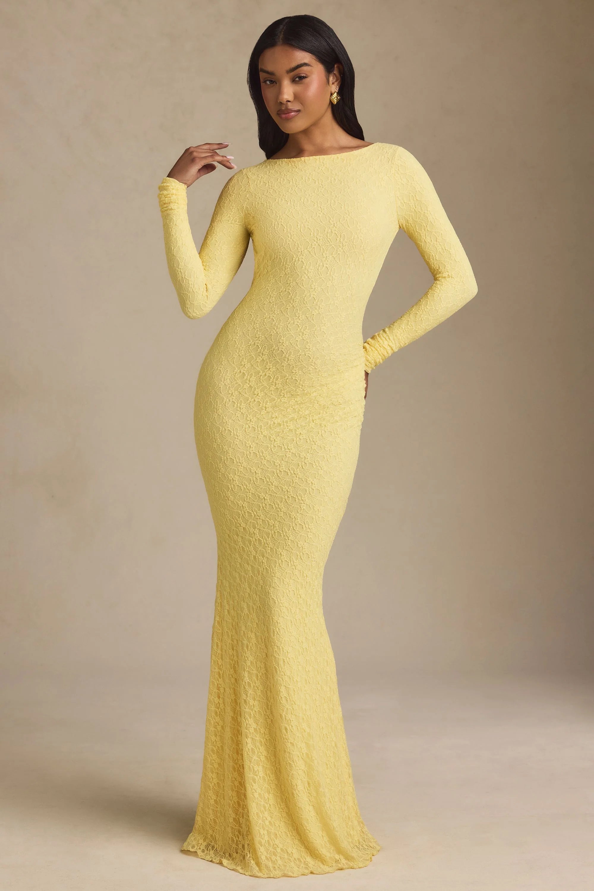 Ruched Backless Lace Maxi Dress in Pastel Yellow