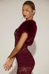 Faux-Fur Short Sleeve Bolero in Wine Red