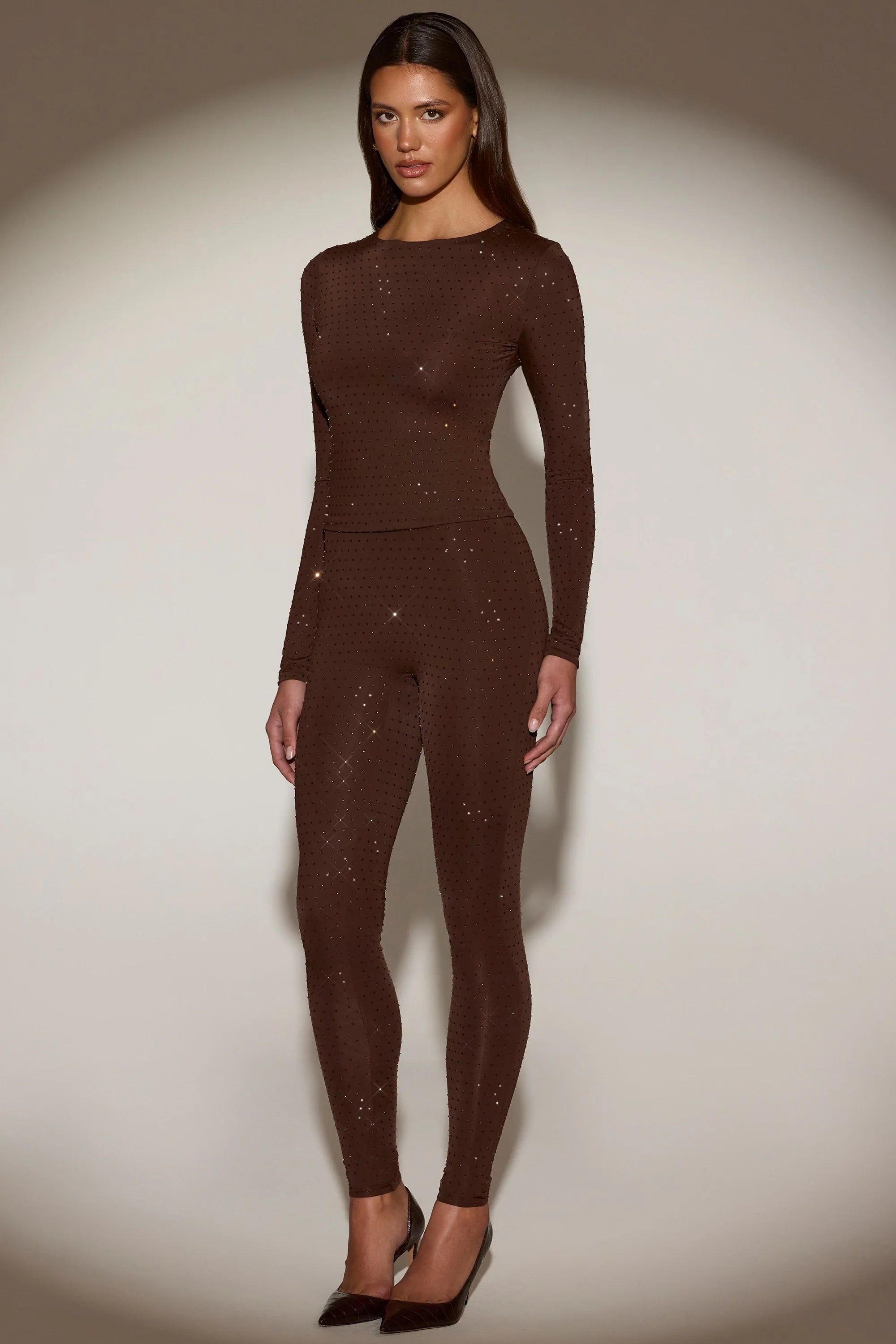 Embellished Jersey High-Waisted Leggings in Chocolate Brown