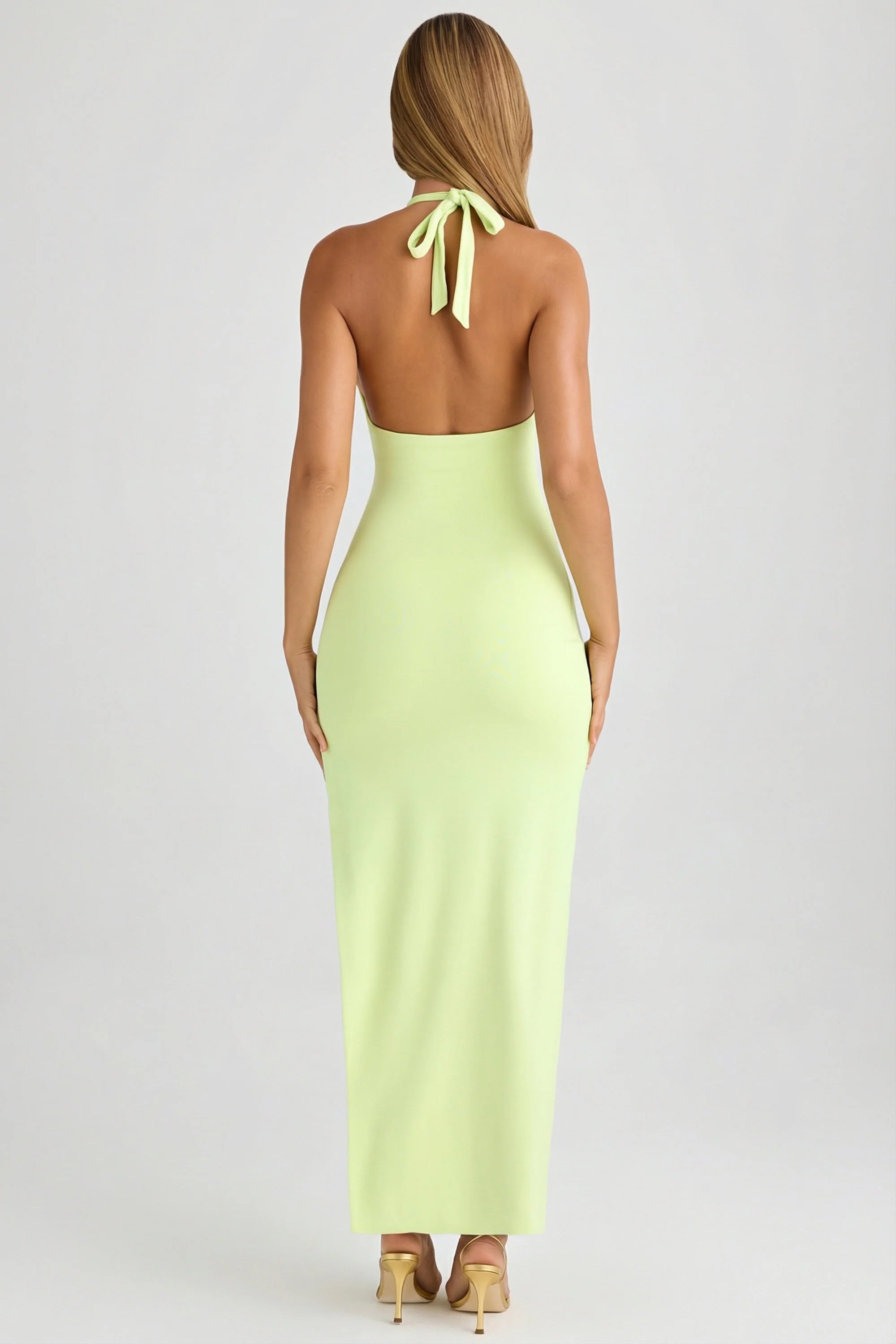 Modal Halter-Neck Thigh-Split Maxi Dress in Matcha Green