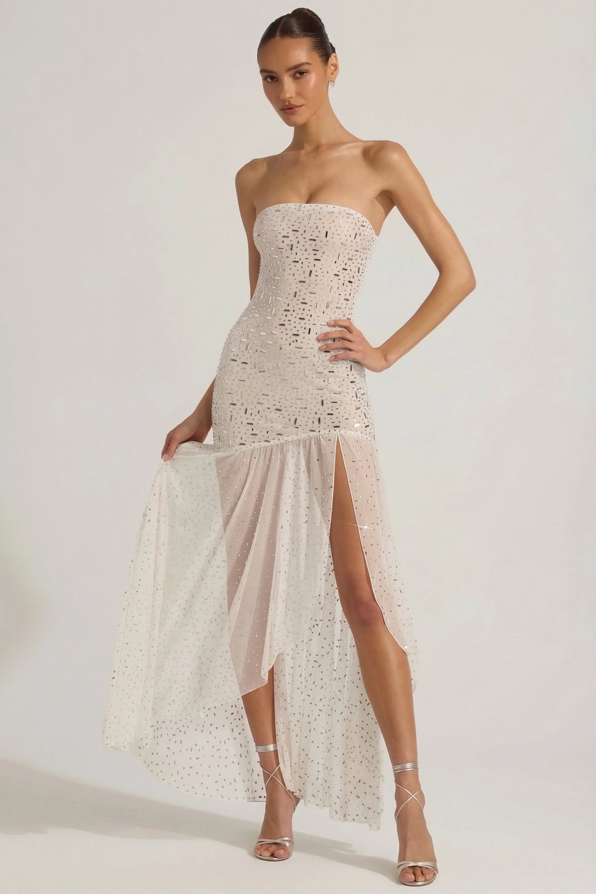 Semi-Sheer Embellished Asymmetric Maxi Dress in White
