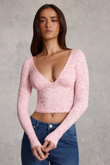 Sheer Lace Plunge-Neck Long-Sleeve Top in Pink