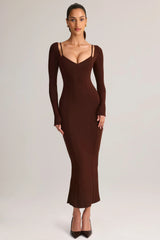 Modal Peekaboo Long-Sleeve Midi Dress in Chocolate Brown