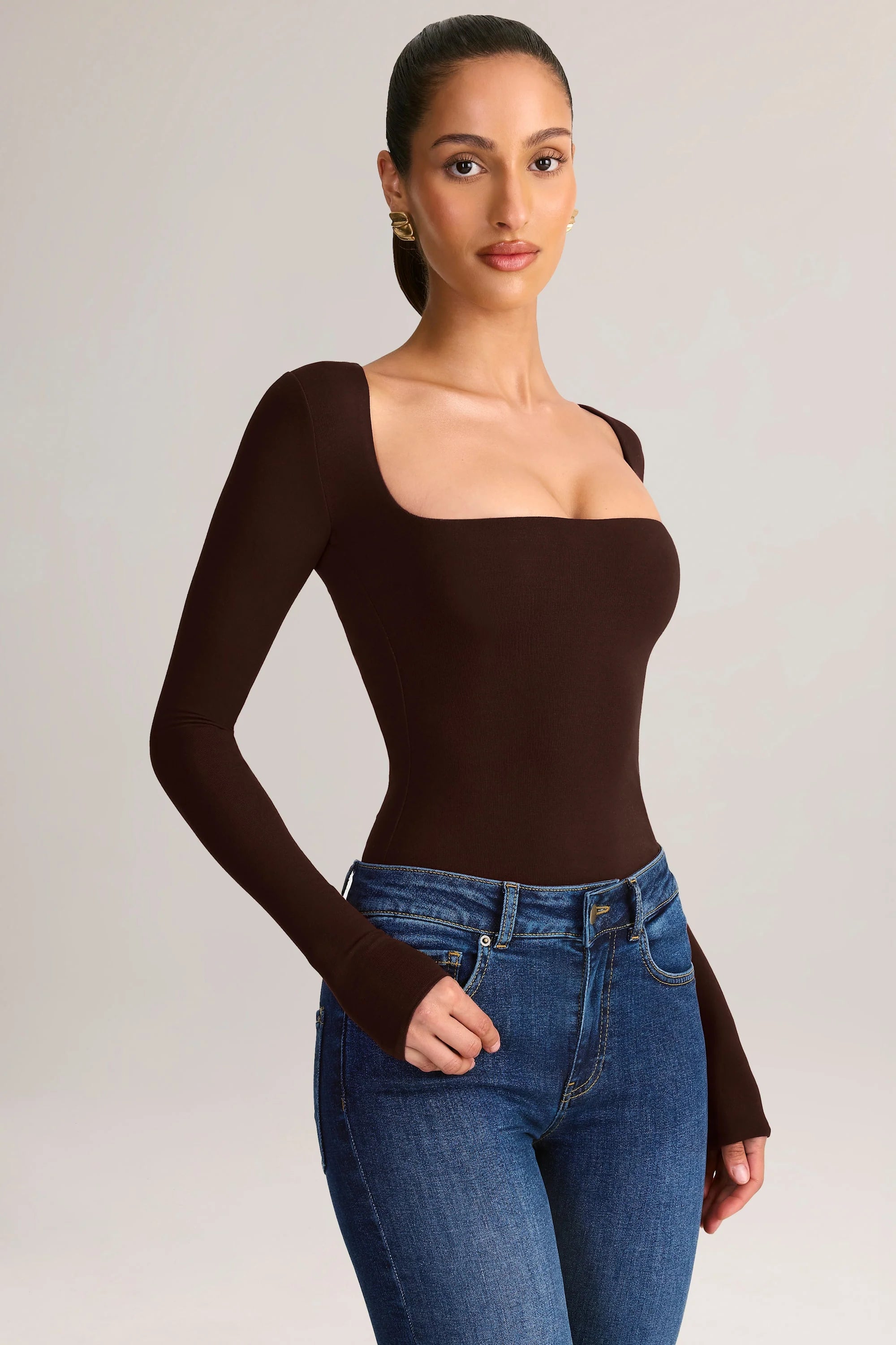 Modal Square-Neck Long-Sleeve Top in Chocolate Brown