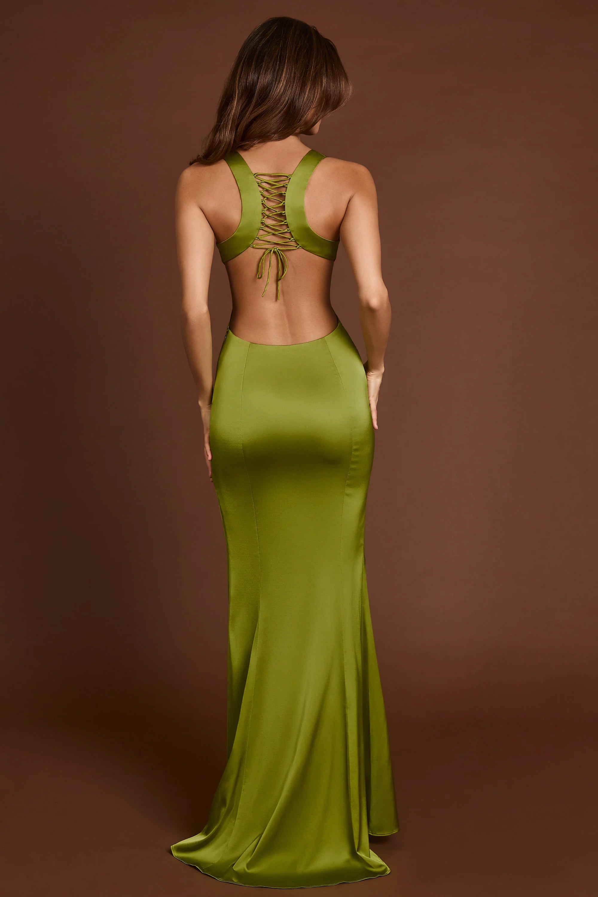 Scoop-Neck Lace-up Back Maxi Dress in Olive Green