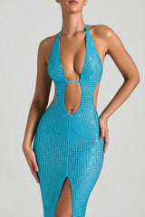 Embellished Cut-Out Halterneck Maxi Dress in Aqua Blue