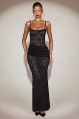 Sheer Lace Square-Neck Ruched Gown in Black