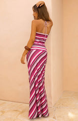 Nicoby Pink Multi Stripe Halter Maxi Dress