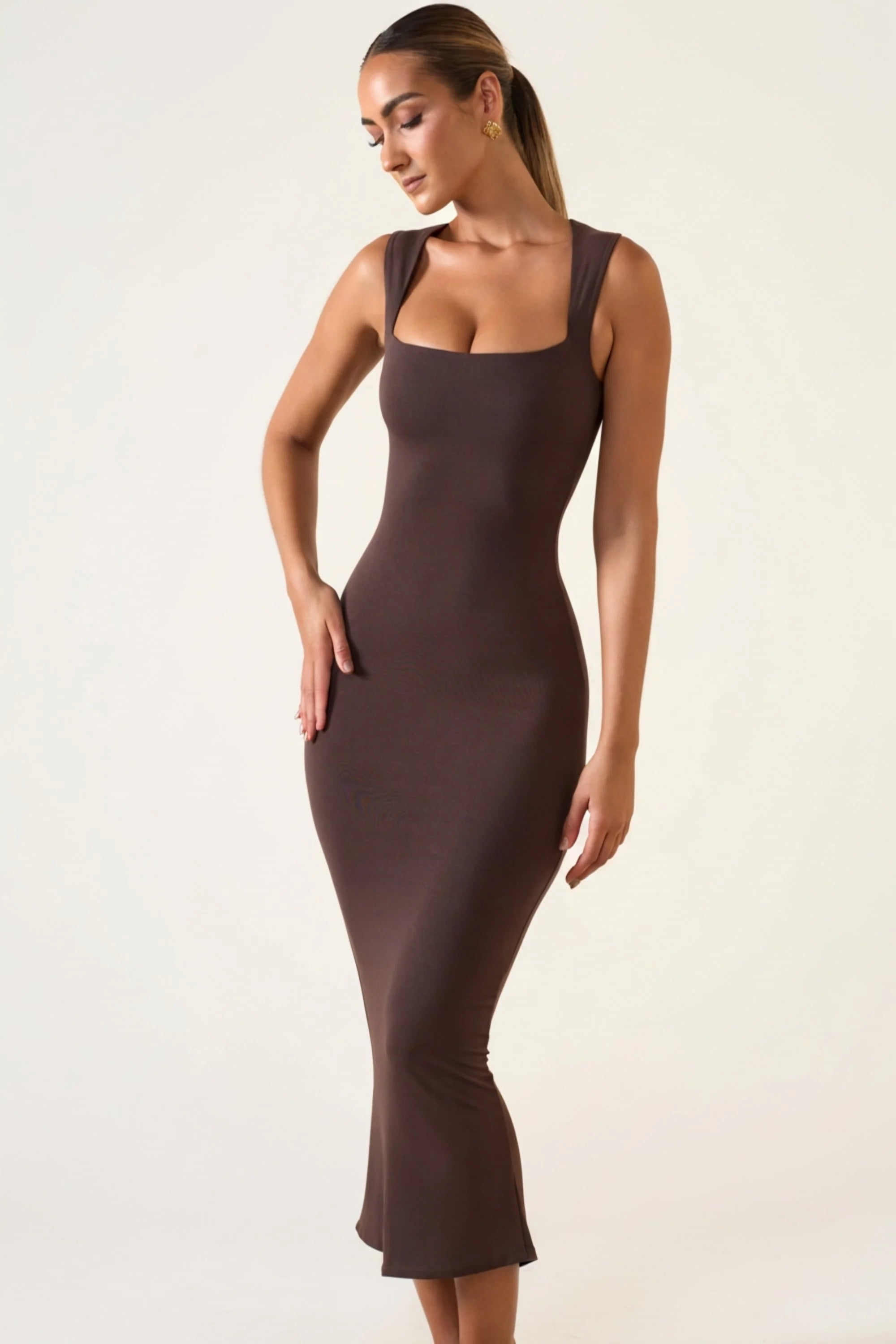 Square Neck Midi Dress in Chocolate Brown