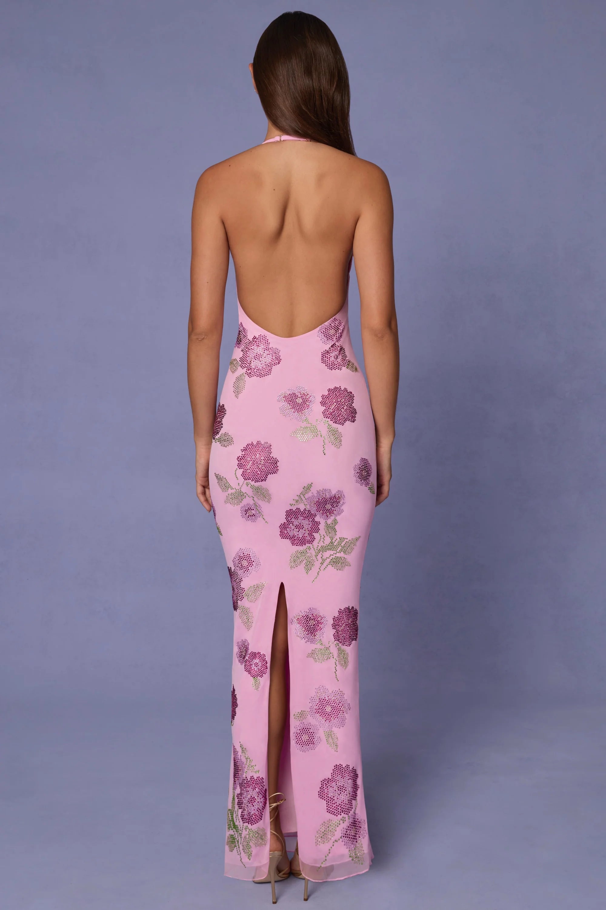 Embellished Halterneck Maxi Dress in Soft Pink