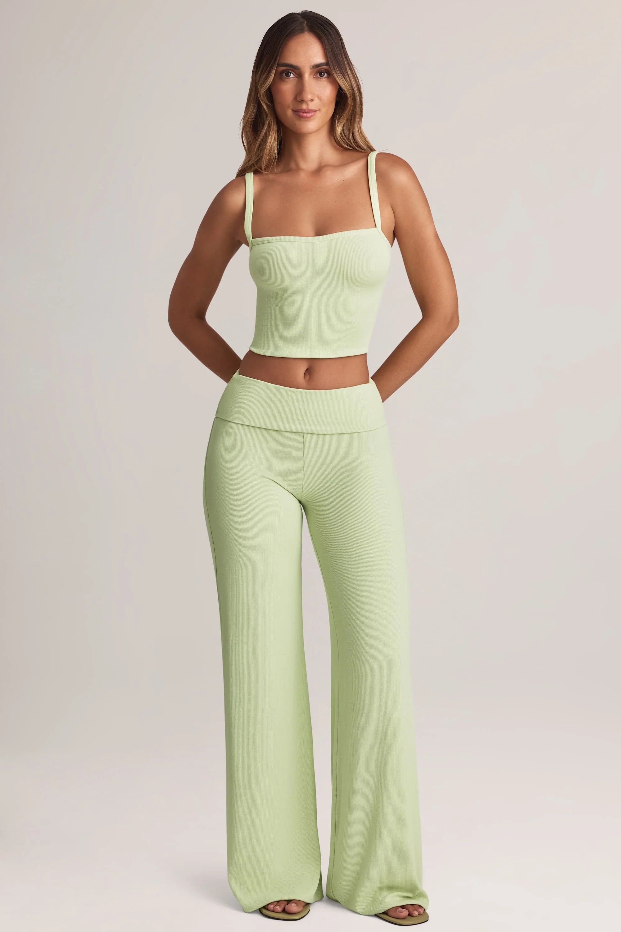 Modal Foldover Wide-Leg Trousers in Sage Green