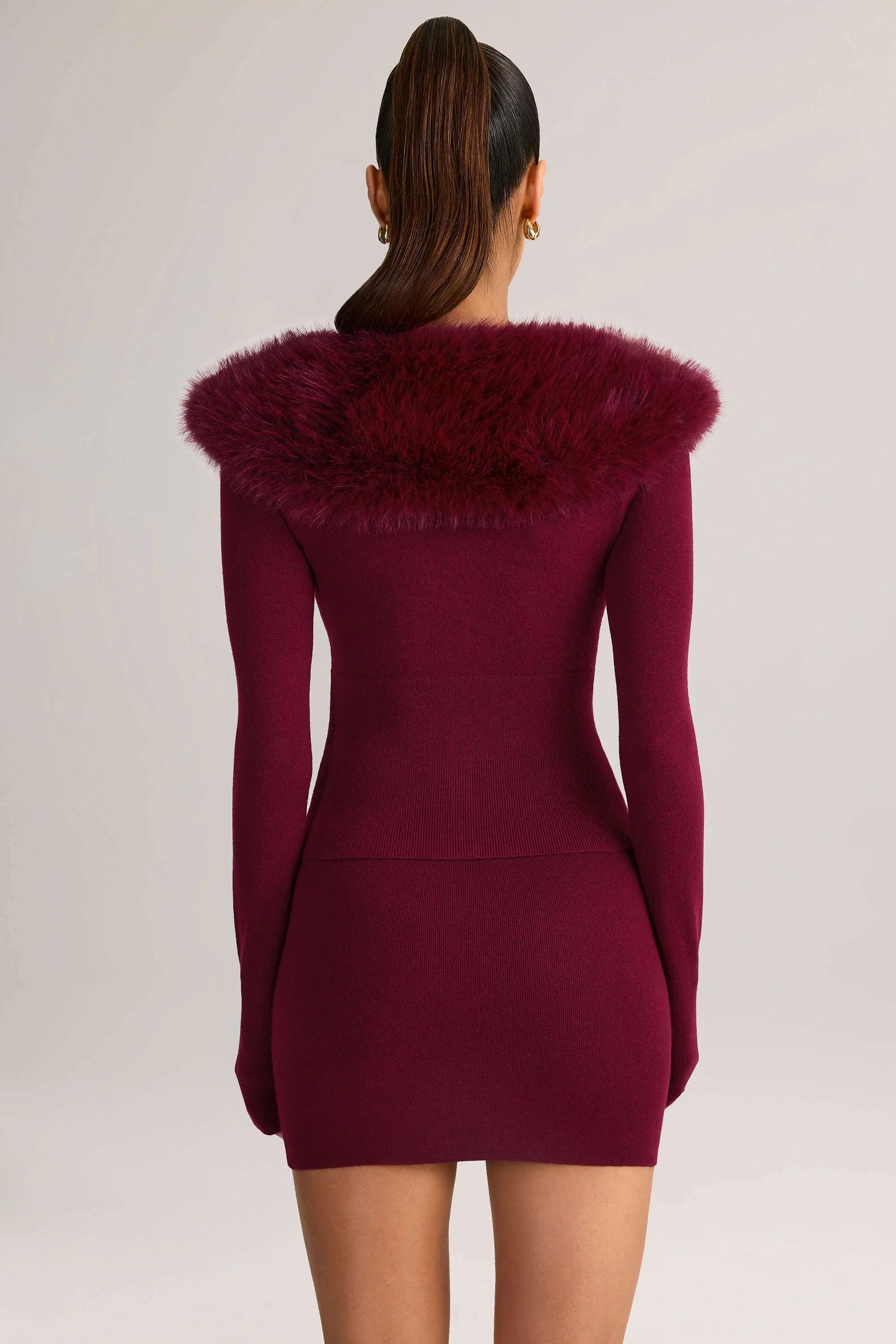 Knit Faux-Fur-Trim Cardigan in Wine