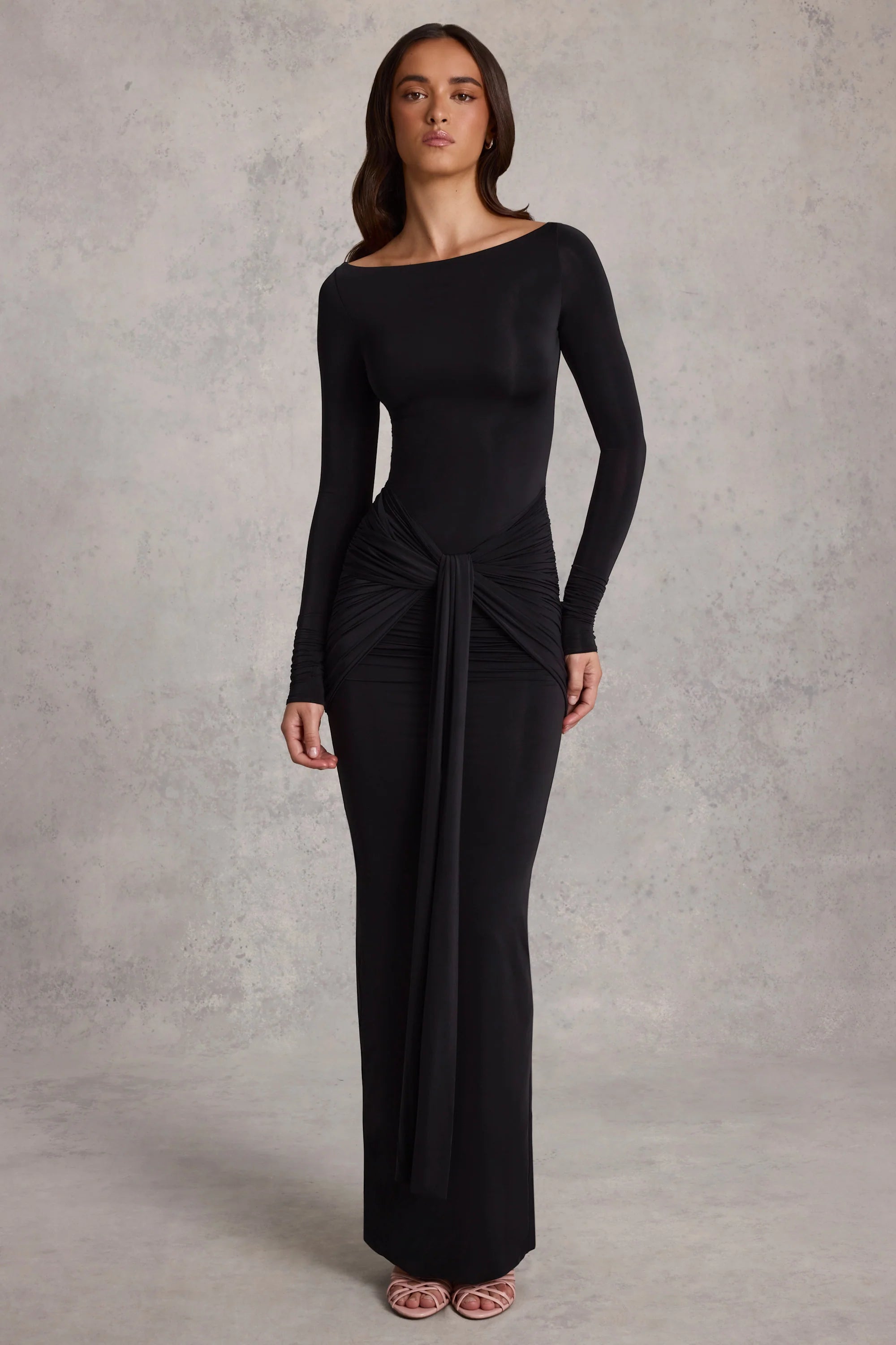 Soft Jersey Boat-Neck Tie-Gather Maxi Dress in Black