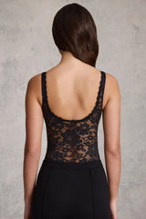 Sheer Lace Scalloped Plunge-Neck Bodysuit in Black