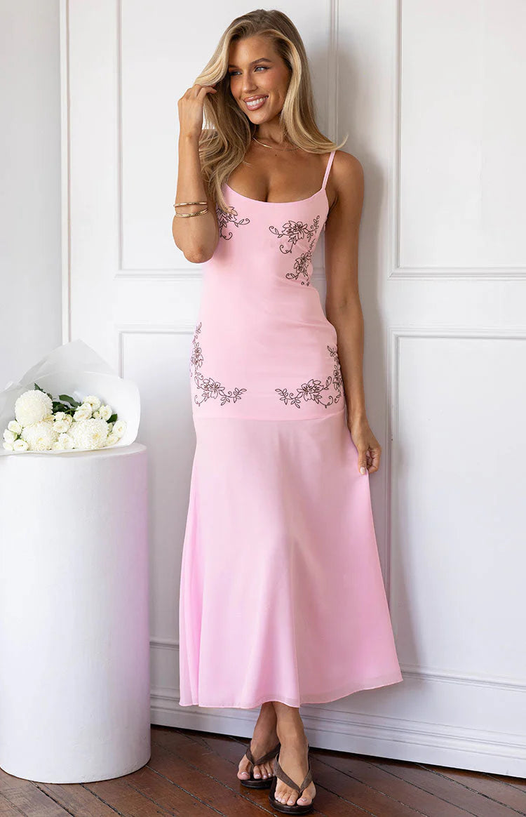 Oaklee Light Pink Embroidered Midi Dress