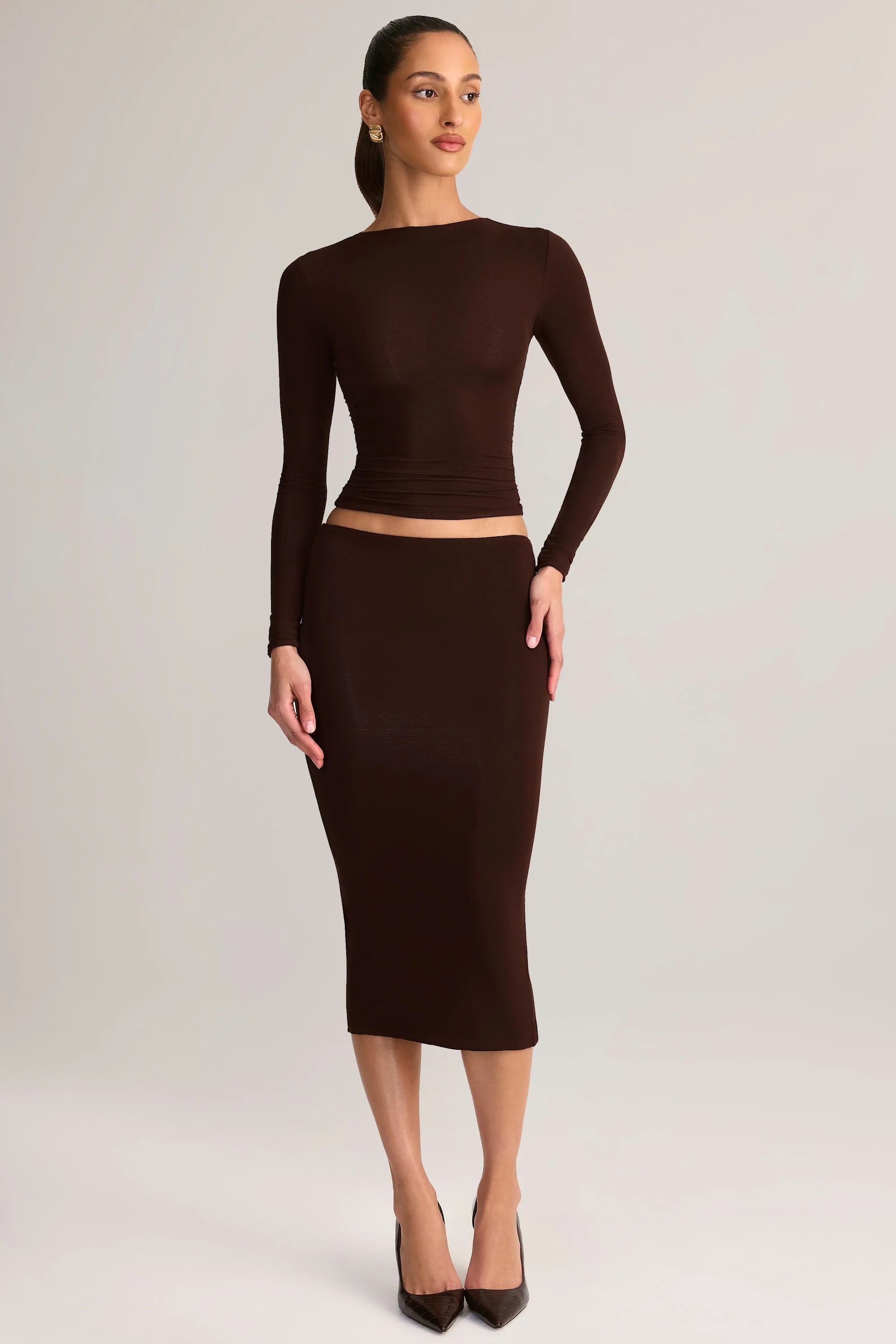 Modal Mid-Rise Pencil Midi Skirt in Chocolate Brown