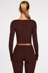 Ribbed Modal Long-Sleeve Laced Bra Top in Chocolate Brown